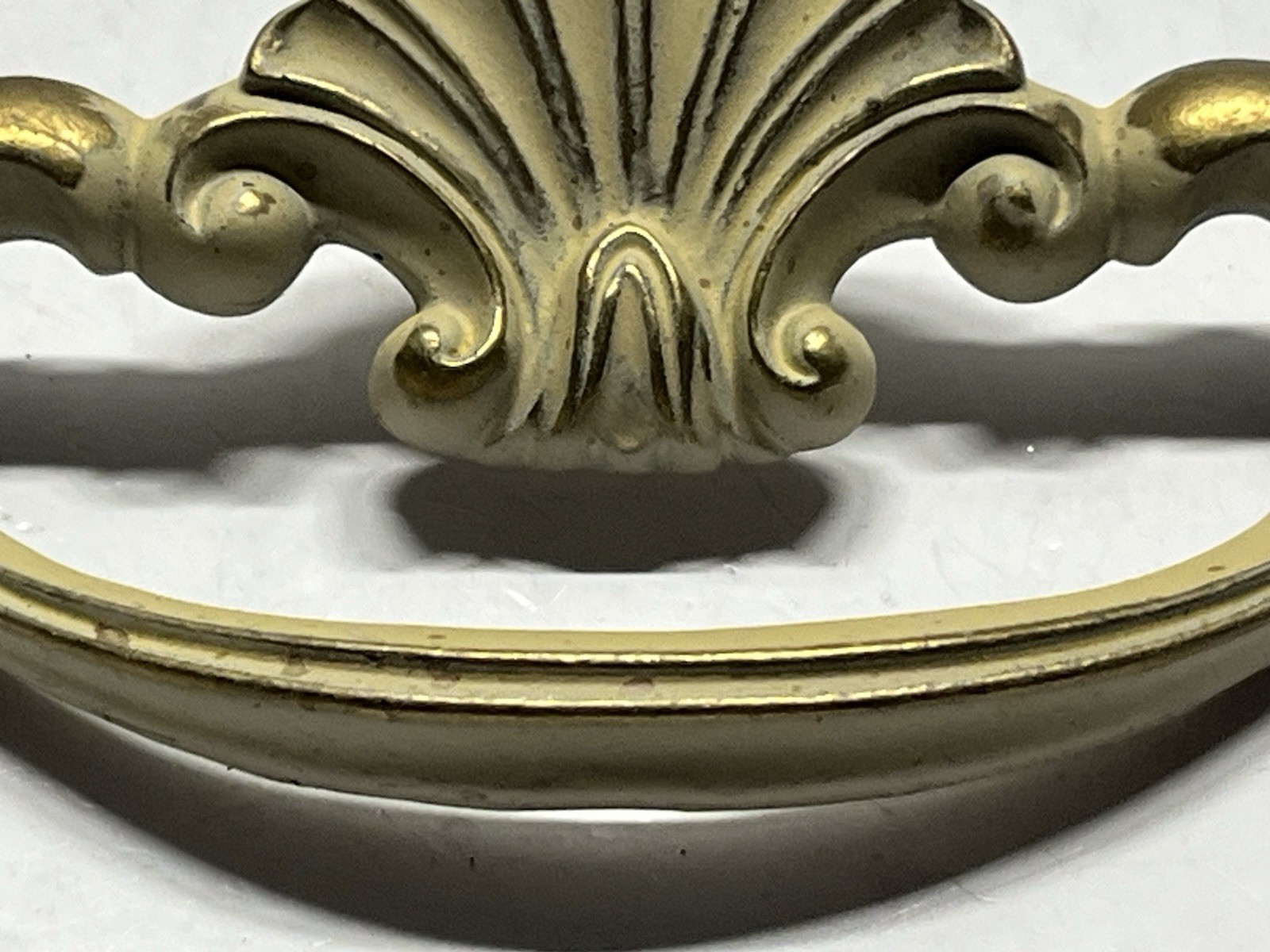 Vintage Lot (5) NOS KBC Brass & Beige Whitewash Shell Design Fixed Drawer Pulls