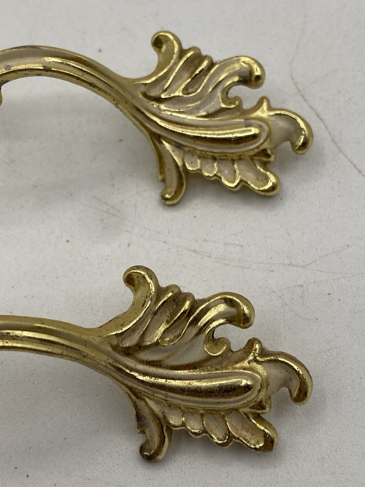PAIR Vintage MCM Ajax Drawer Pulls Handles Scroll White Gold Ornate Hardware 990