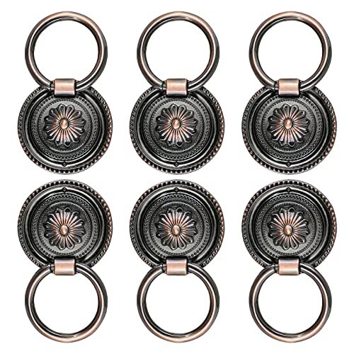 6pcs Cabinet Knobs, Drop Ring Drawer Pulls Round Dresser Knobs Red Bronze