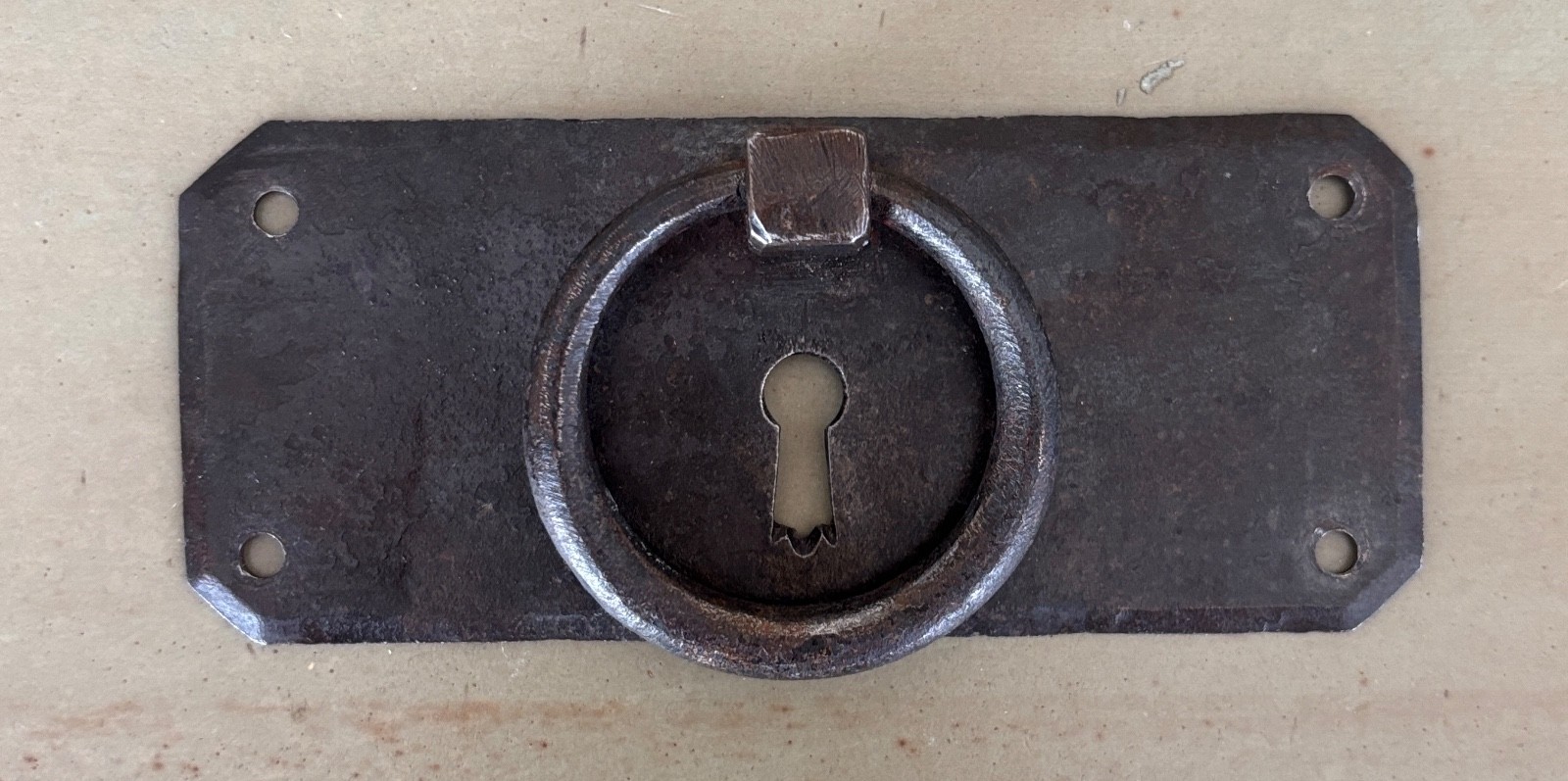 Vintage French Drawer Metal Hardware Drop Ring Pull Keyhole Cover Plate Salvage