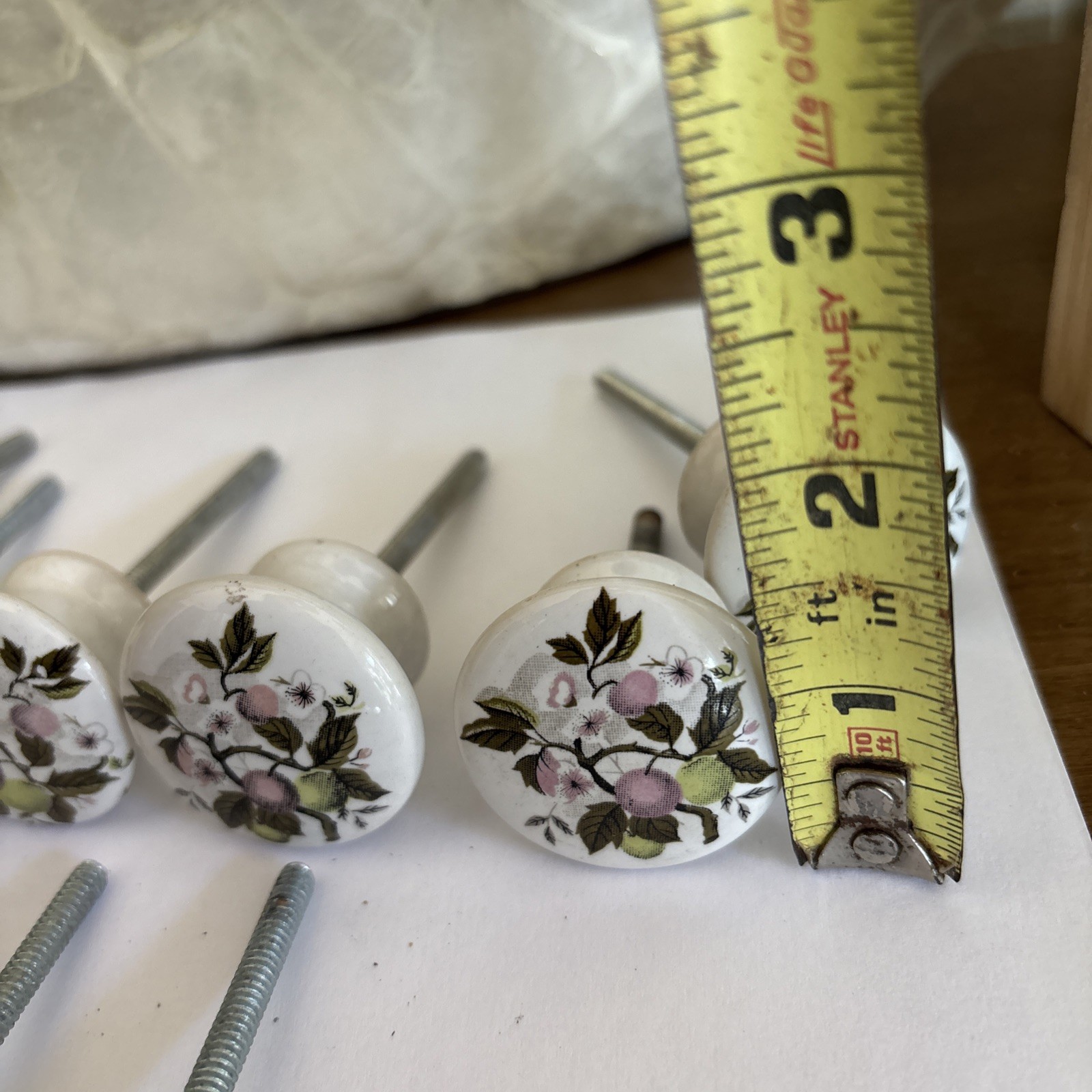 Vtg Porcelain Pulls/Knobs, White Painted Cherry Blossom Floral Design~Lot of 8