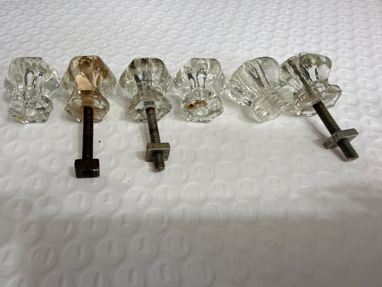 6 small Vintage Clear Glass Cabinet Pulls Knobs Antique Hexagon