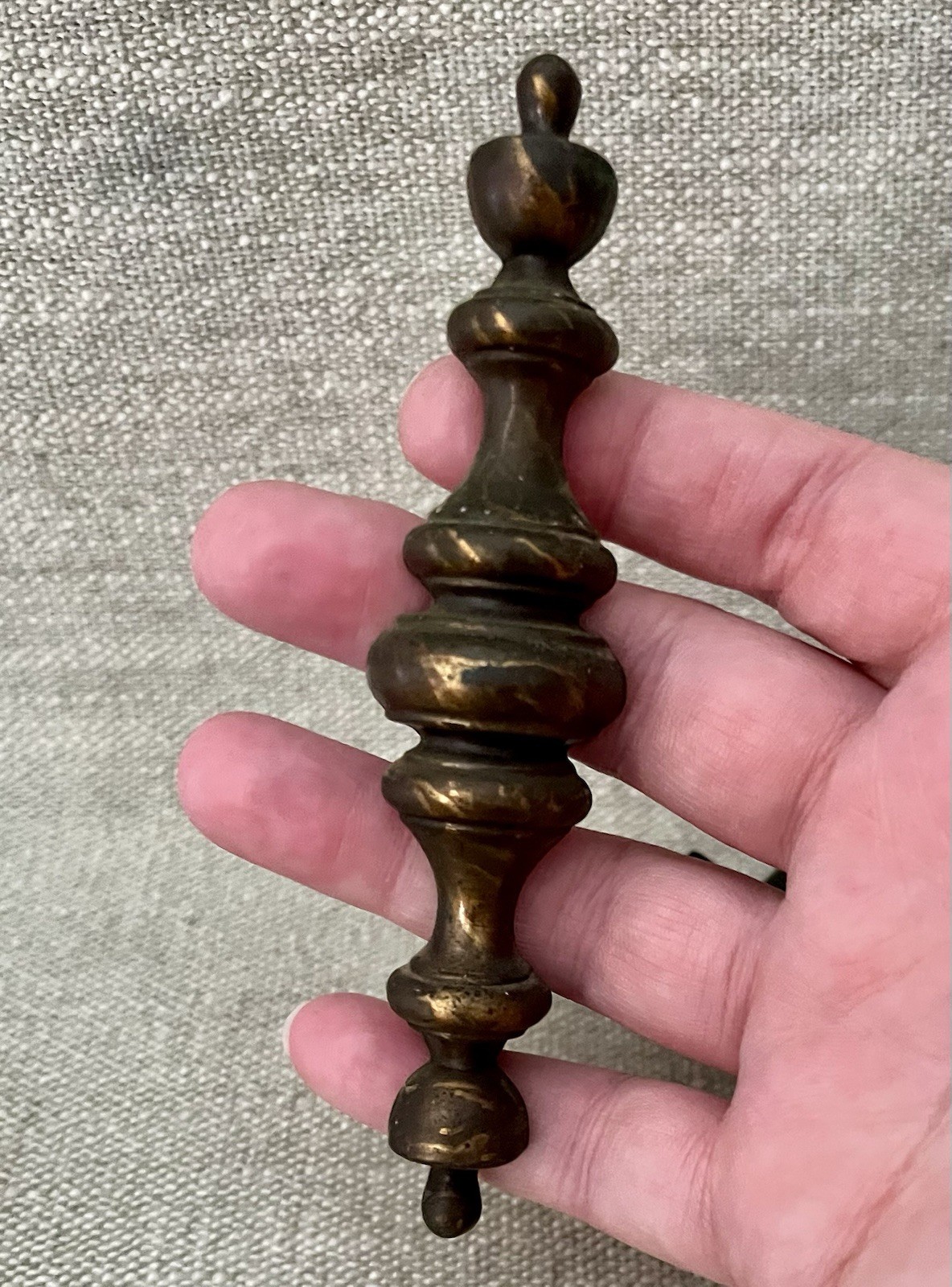 Aged 2 Brass Spindle Elongated Drawer Pulls 3” Center Colonial Traditional 1790