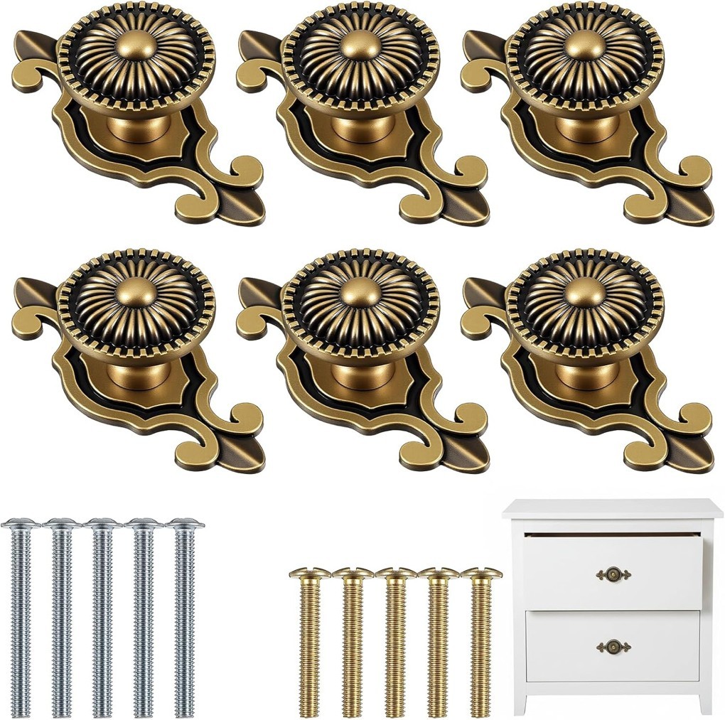 Six Pack Brass Cabinet Knobs Vintage Retro Mushroom Drawer Handles with