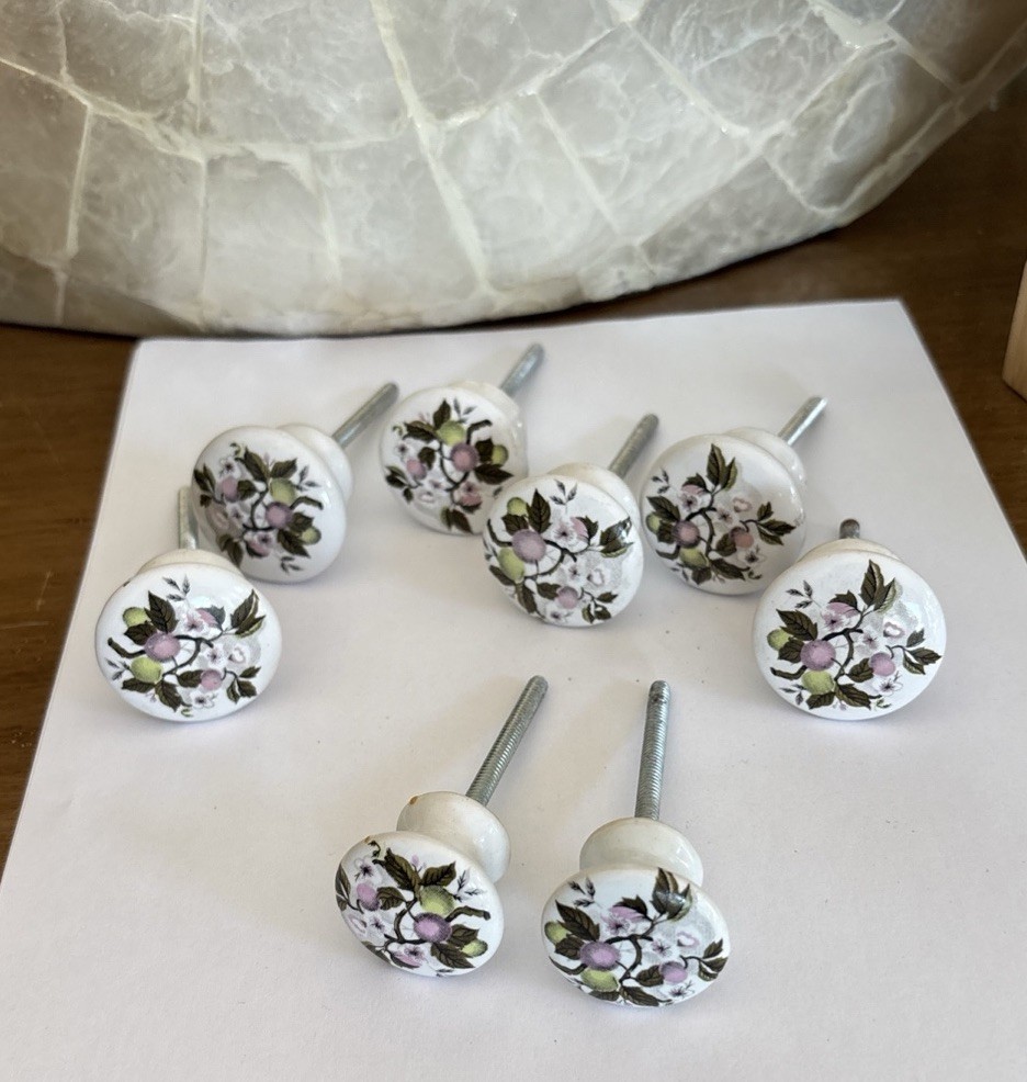 Vtg Porcelain Pulls/Knobs, White Painted Cherry Blossom Floral Design~Lot of 8
