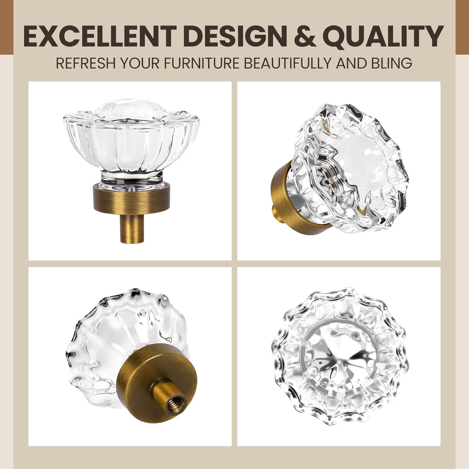 Elegant 8 Pack Antique Brass Glass Cabinet Knobs – Vintage Crystal Design