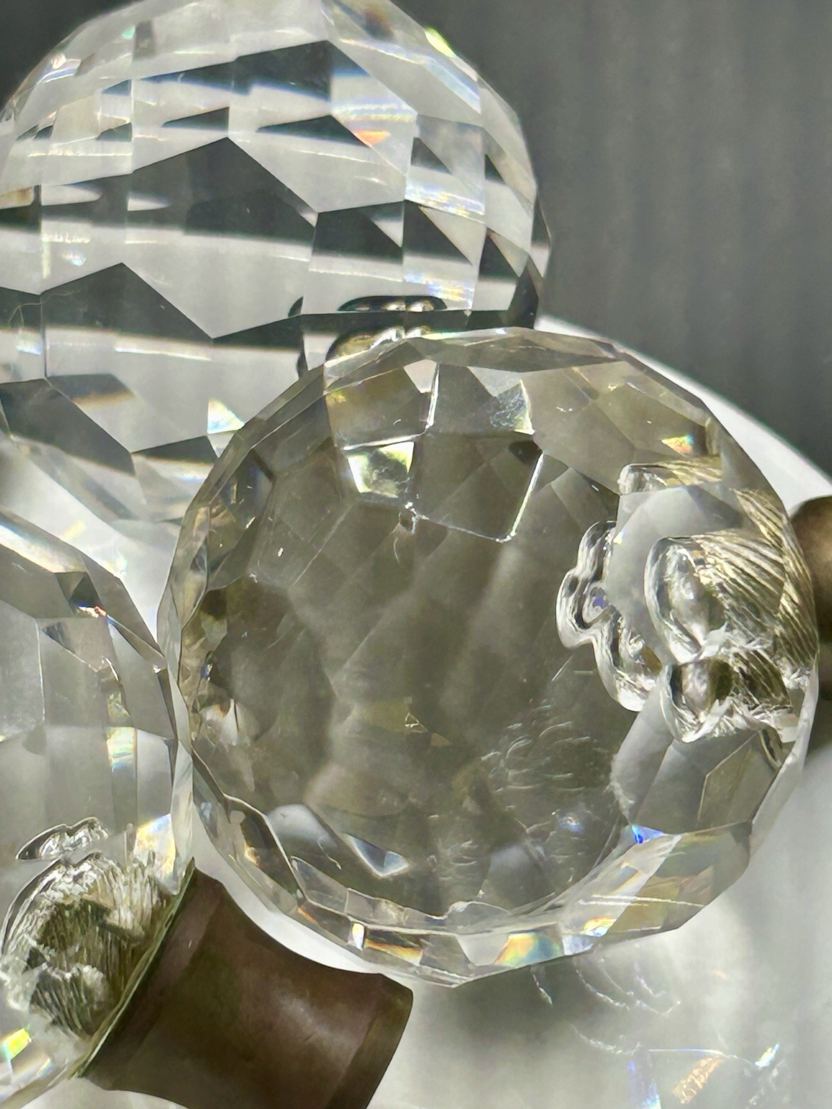 (4) Vintage Round Crystal Faceted Lamp Finials Drawer Pull Knobs/Brass Finish