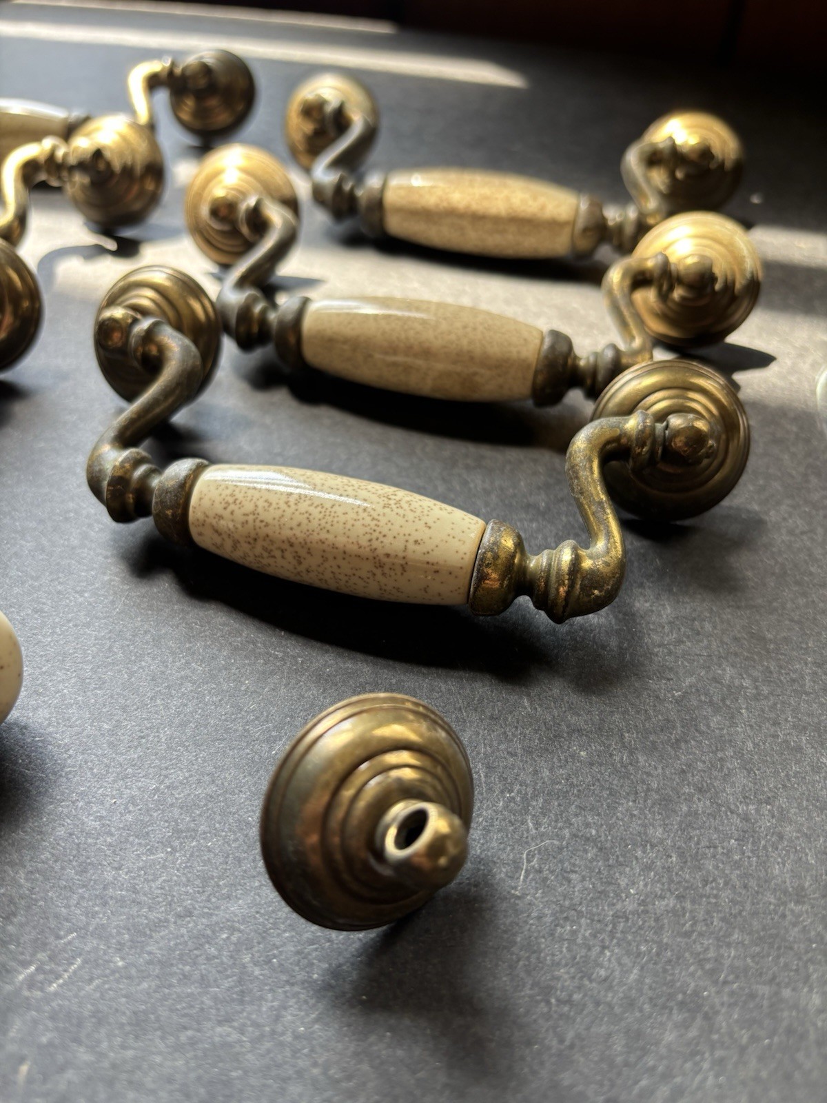 Brass And Porcelain Drawer Handles 4 1/2 Inch 6 Handles 3 Knobs Vintage Pulls