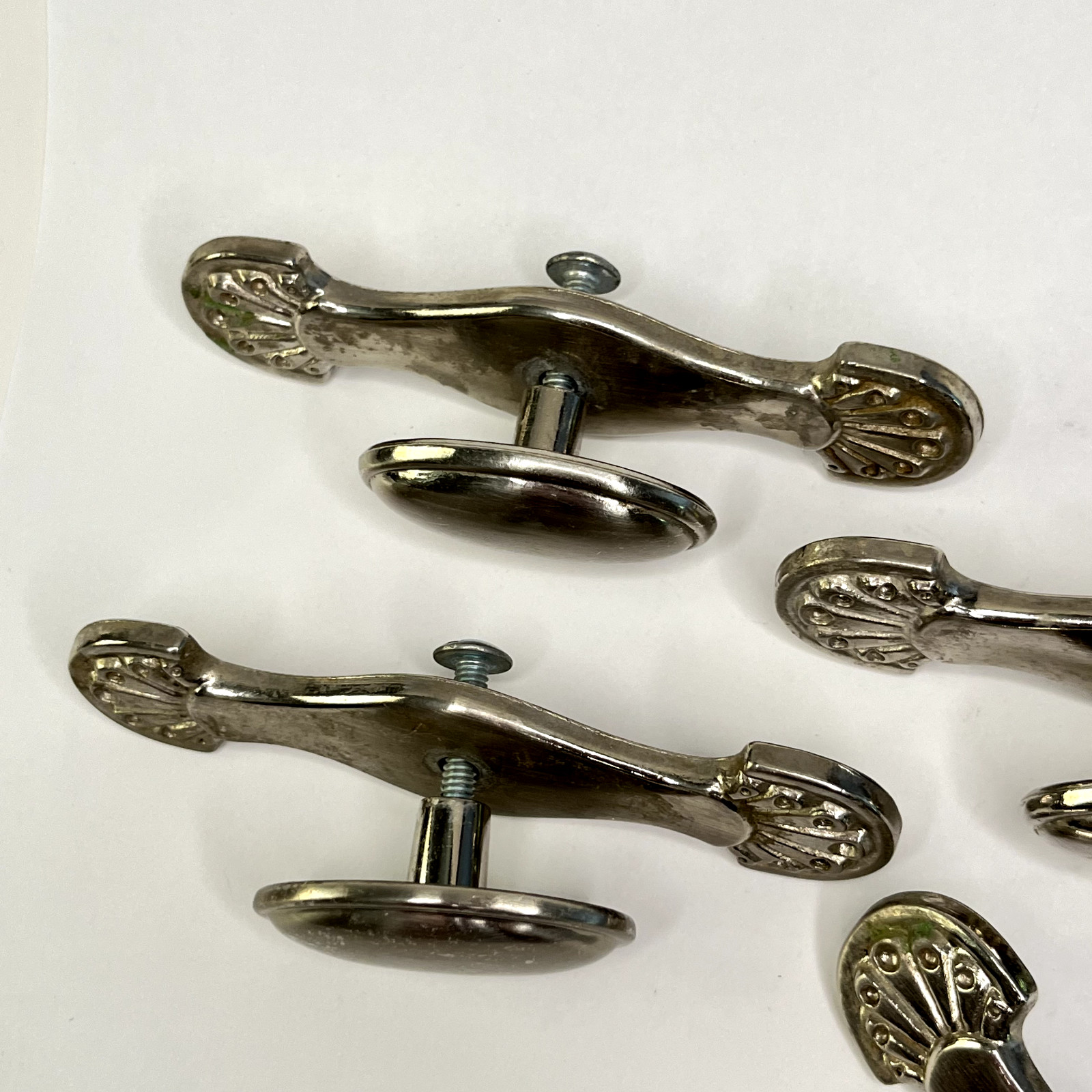Four Vintage Drawer Pulls Handles Lot of Oval Knobs brushed nickel plate C