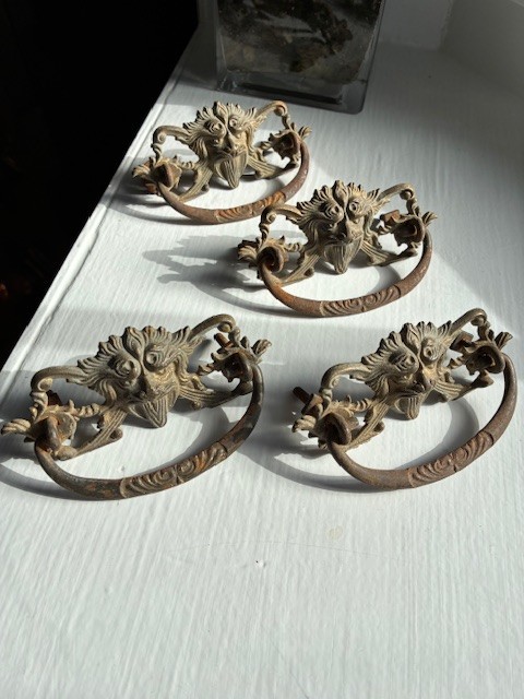 RARE Victorian Brass Lion Head/Gargoyle Drawer Pulls – 4 Antique Bail Handles