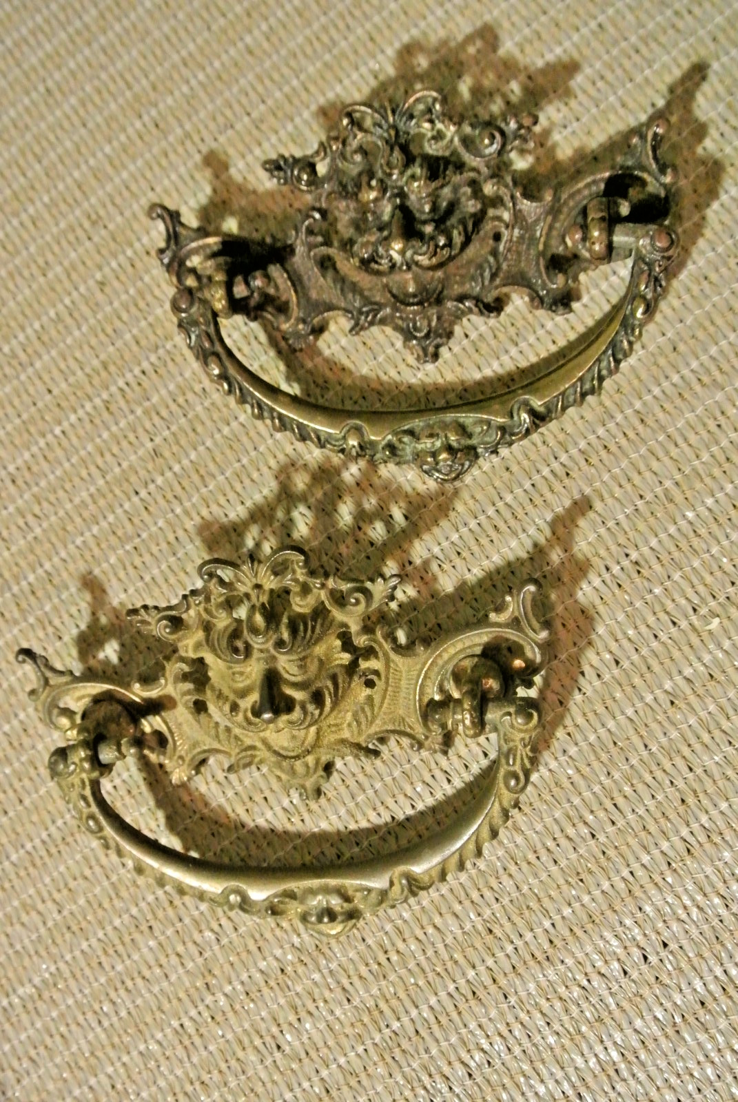 2 Antique Brass Lion Head Bail Dresser Drawer Pull Hardware Detailed Gothic