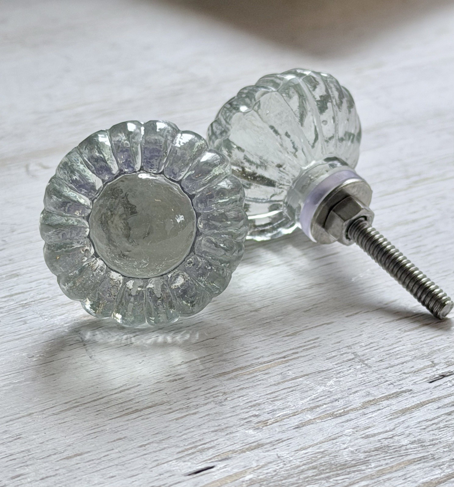 Two Vintage Glass Floral Cabinet Pulls Knobs Bathroom Kitchen Knobs Clear Glass