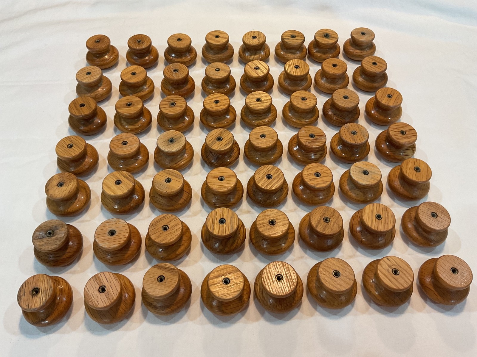 Lot 56 Vintage Wood Drawer Pull Knobs 1-1/2″ wide Natural Oak Color w Hardware