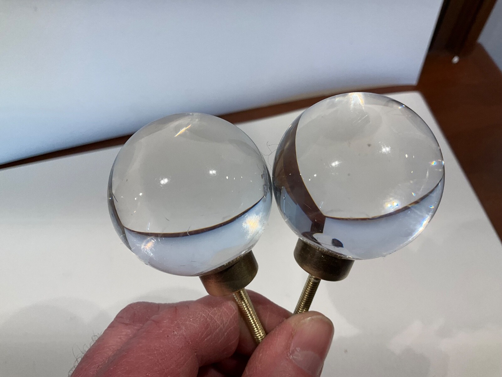 Vintage Round Glass Ball Drawer Pulls / Cabinet Knobs w/Brass Collar Backplate