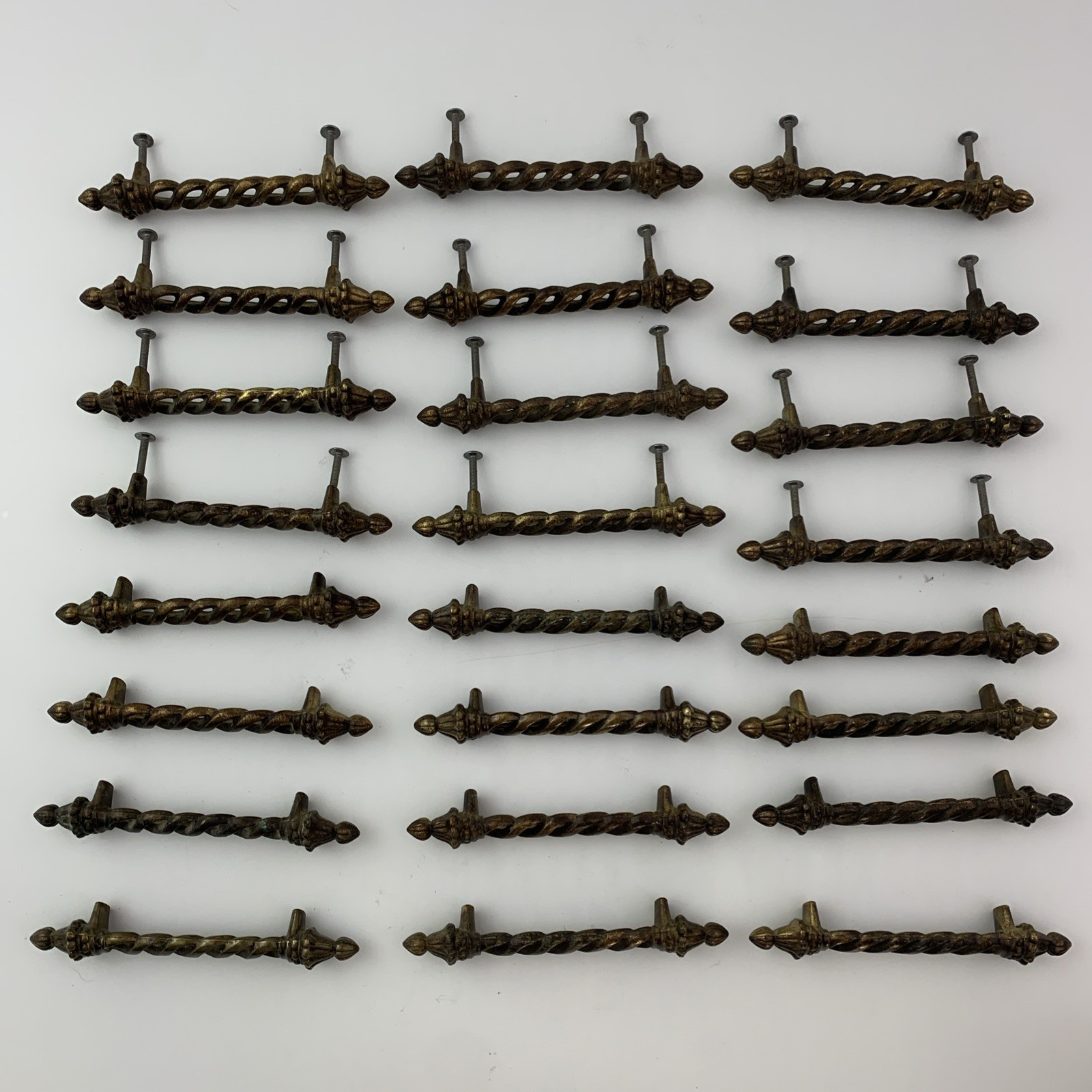 24 Vintage Keeler KBC Art Deco Ornate Twist Brass Drawer Cabinet Pulls Marked