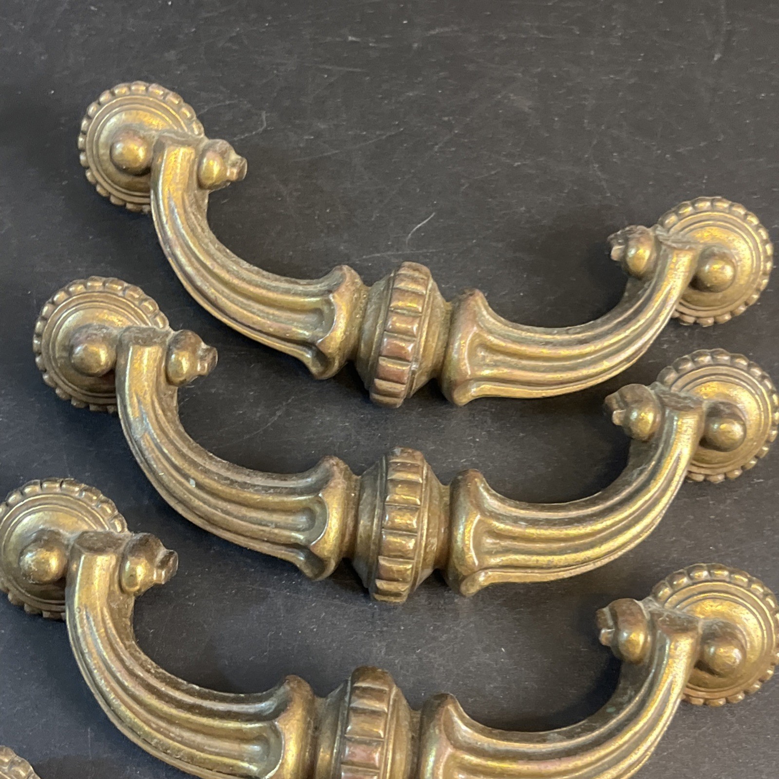 5 Vtg Ornate Solid Brass Drop Bail Pull Dresser Handles Set Hollywood Regency