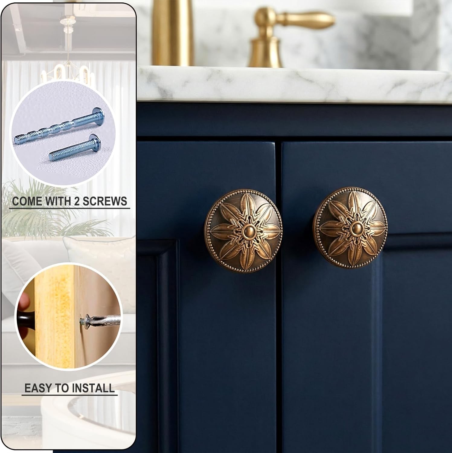Antique Brass Cabinet Knobs 8 Pack Vintage Round Drawer Pulls for Cabinets