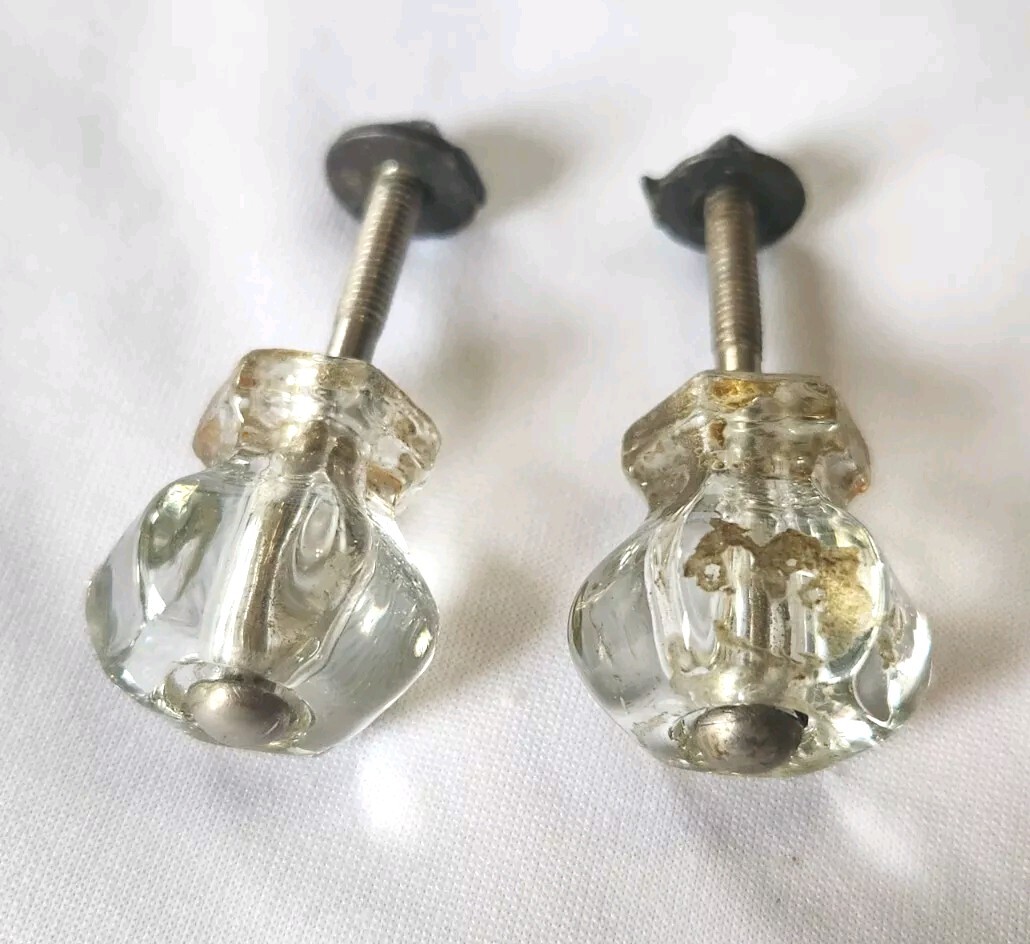 Vintage Clear Hexagon Gem Cut Glass Drawer Cabinet Knob Set Of 2