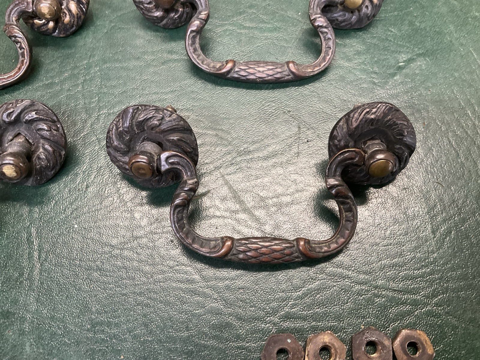 Set of 10 Antique Period Ornate Brass Drop Drawer Pulls Handles