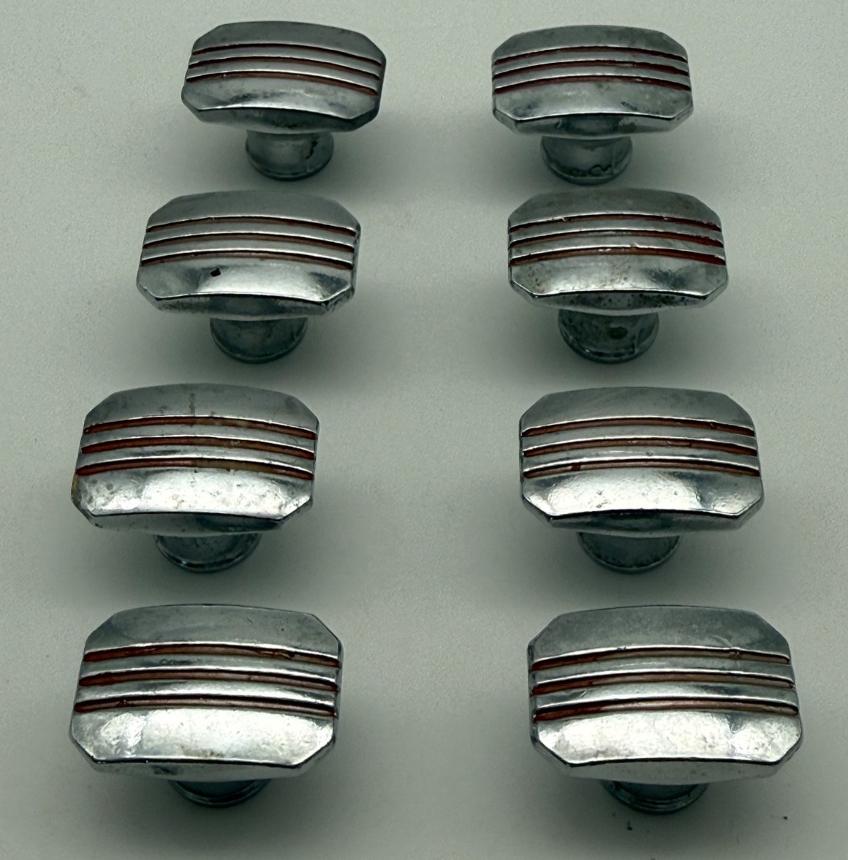 Set Lot 8 Vintage Amerock Chrome Cabinet Drawer Pull Knobs 1.25″ Red Stripe MCM