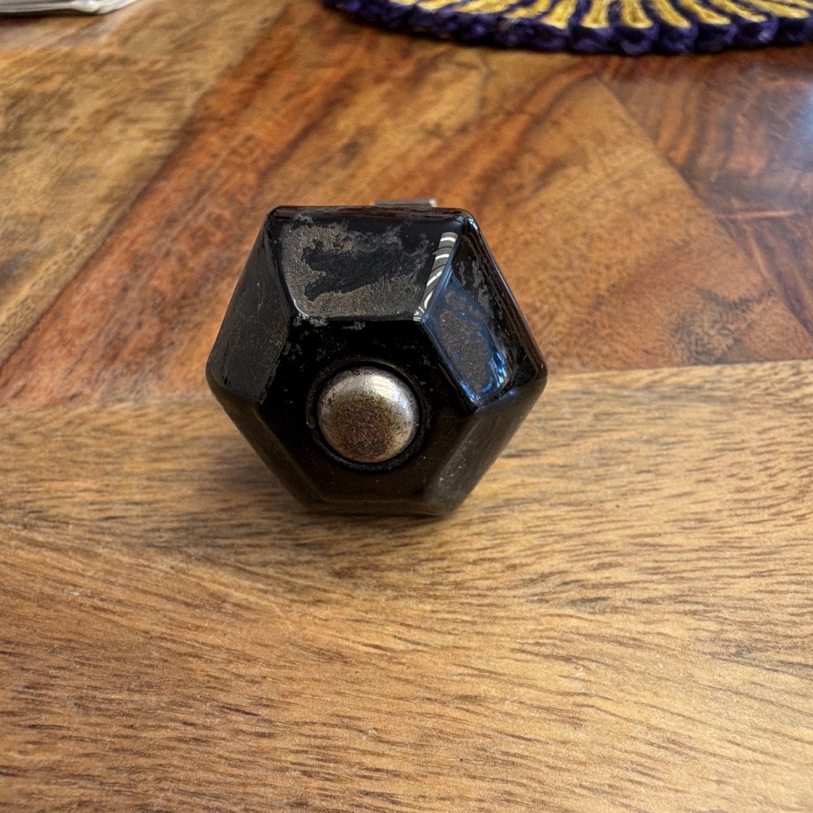 Black Hexagonal Glass Drawer/Cabinet Knob Pull w/ Metal Screw needs cleaning.