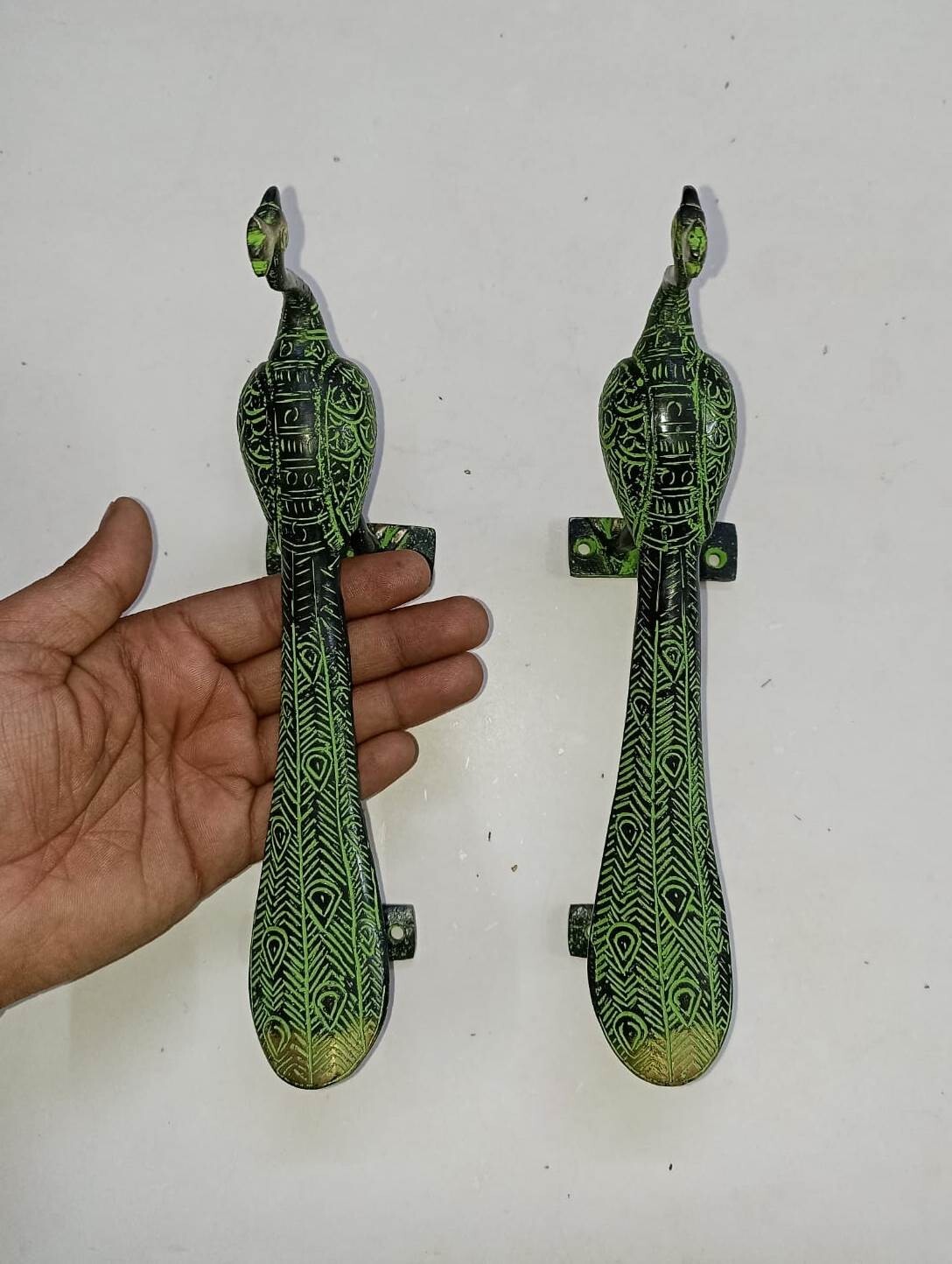 Bird Peacock Door Handle Pair Handmade Antique Design Peafowl Door Decor GTX