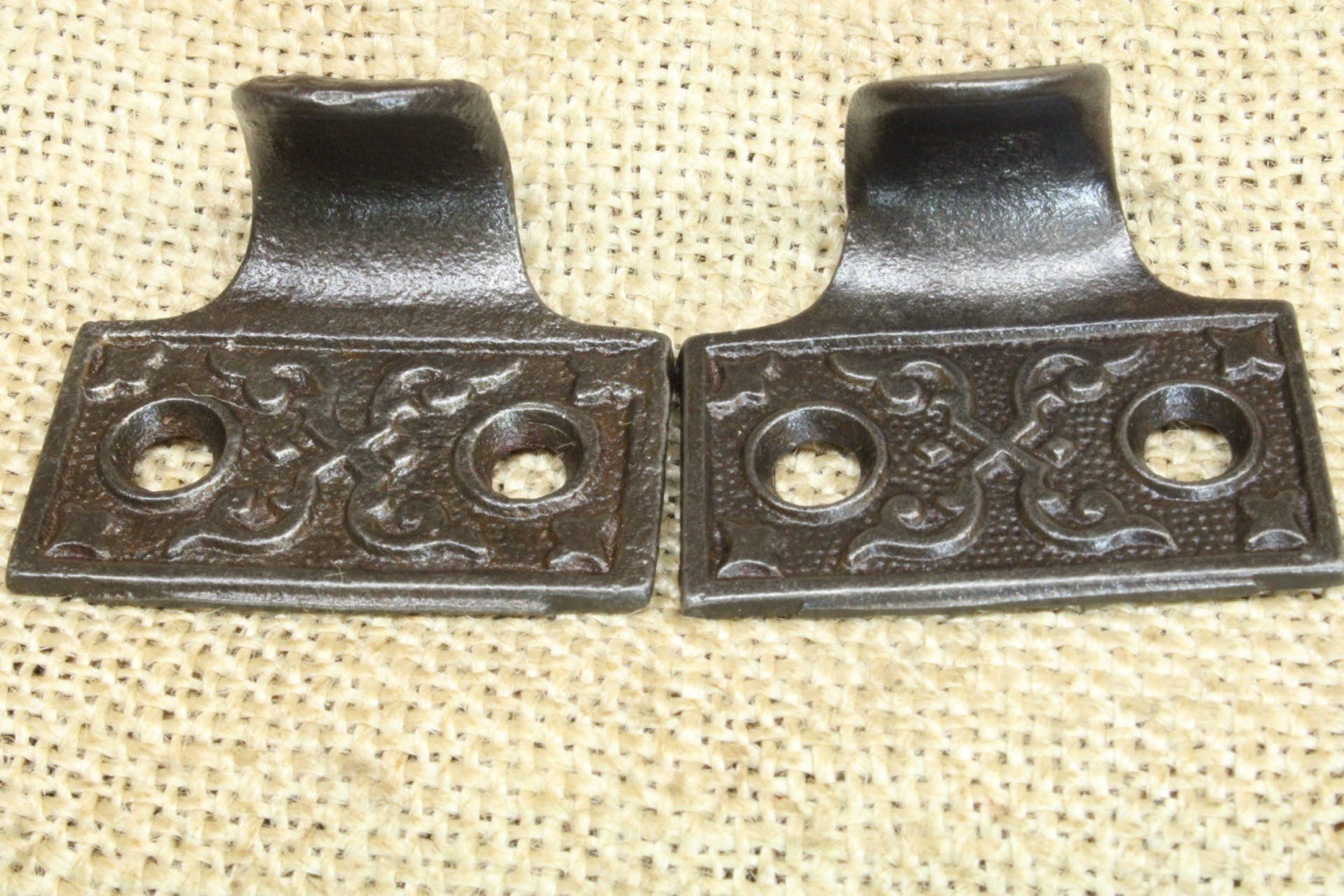 2 Old Window Sash Lifts Pulls Restored Cast Iron Victorian X Ferns Scrolls