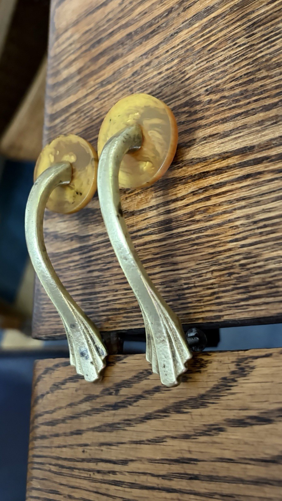 Antique Butterscotch Bakelite Solid Brass Art Deco Dresser Handles Drawer Pulls