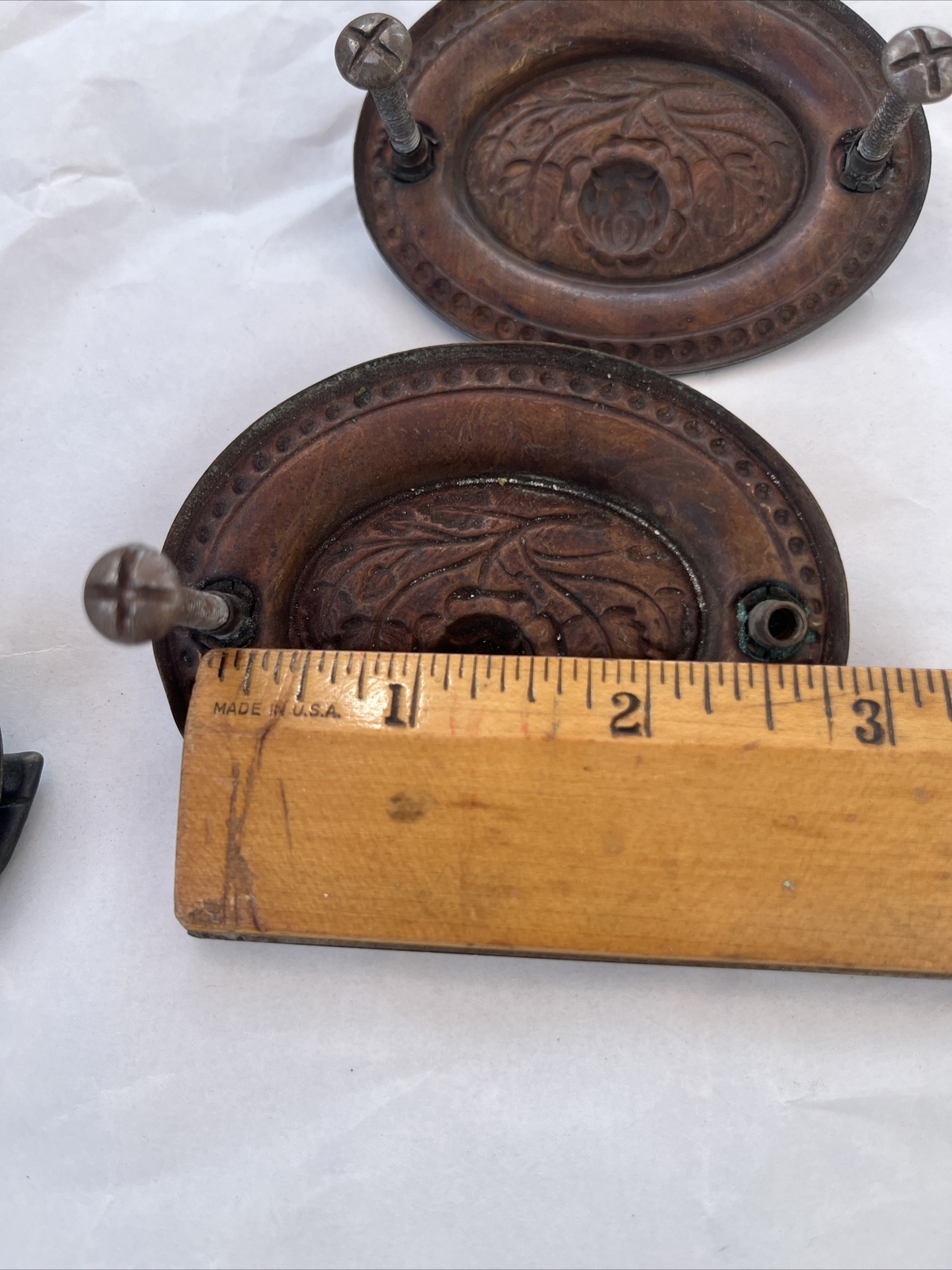 3 Antique Vintage Metal Drawer Drop Bail Oval Rose Leaf Center