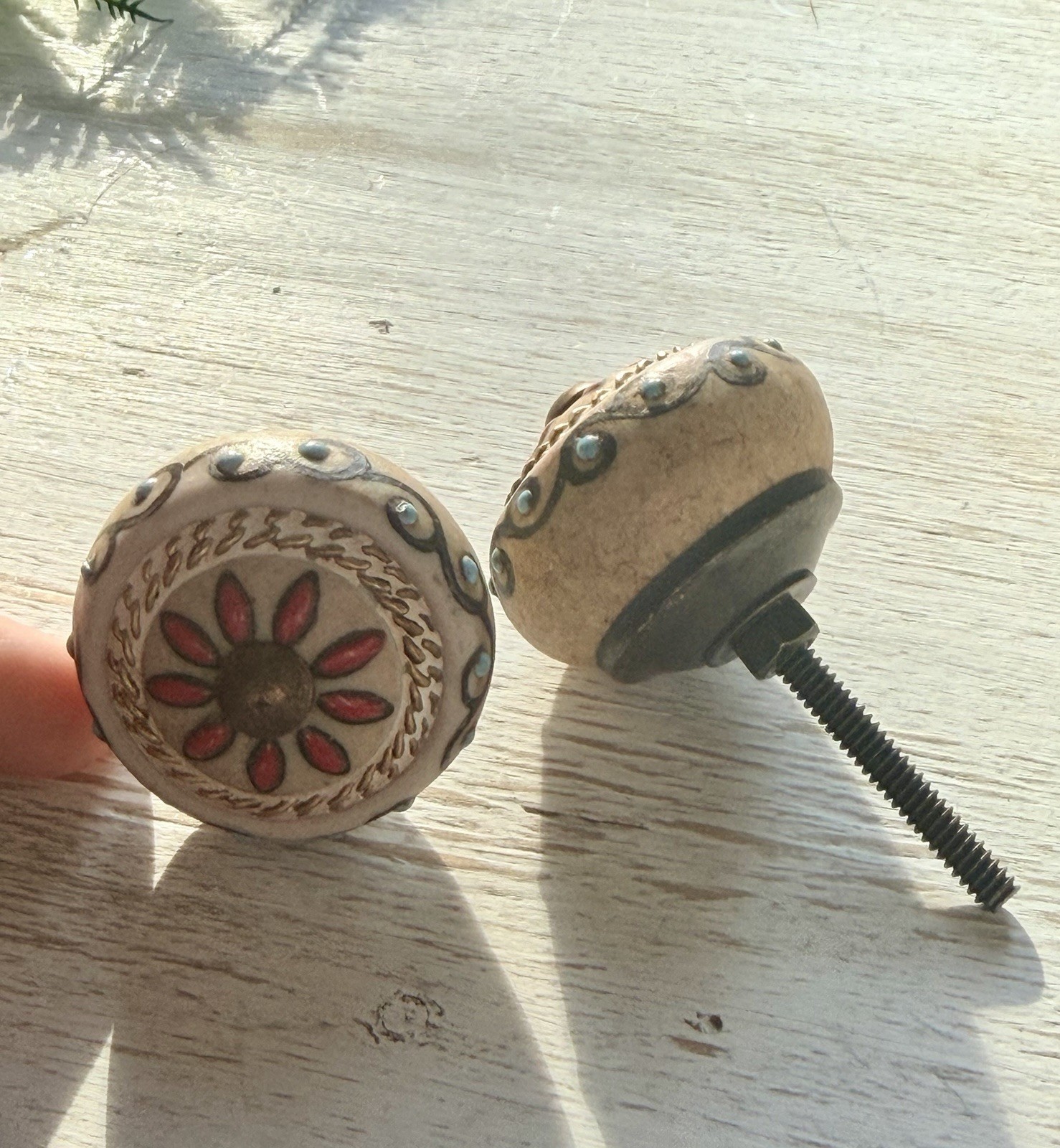 2 Antique Beige Red Floral Medallion Drawer Knob Cabinet Pulls Vintage Style
