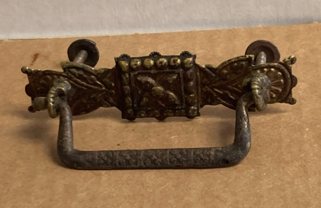 Antique Ornate Brass DROP Bail Pull Drawer Handle With Nuts 3″ Center To Center