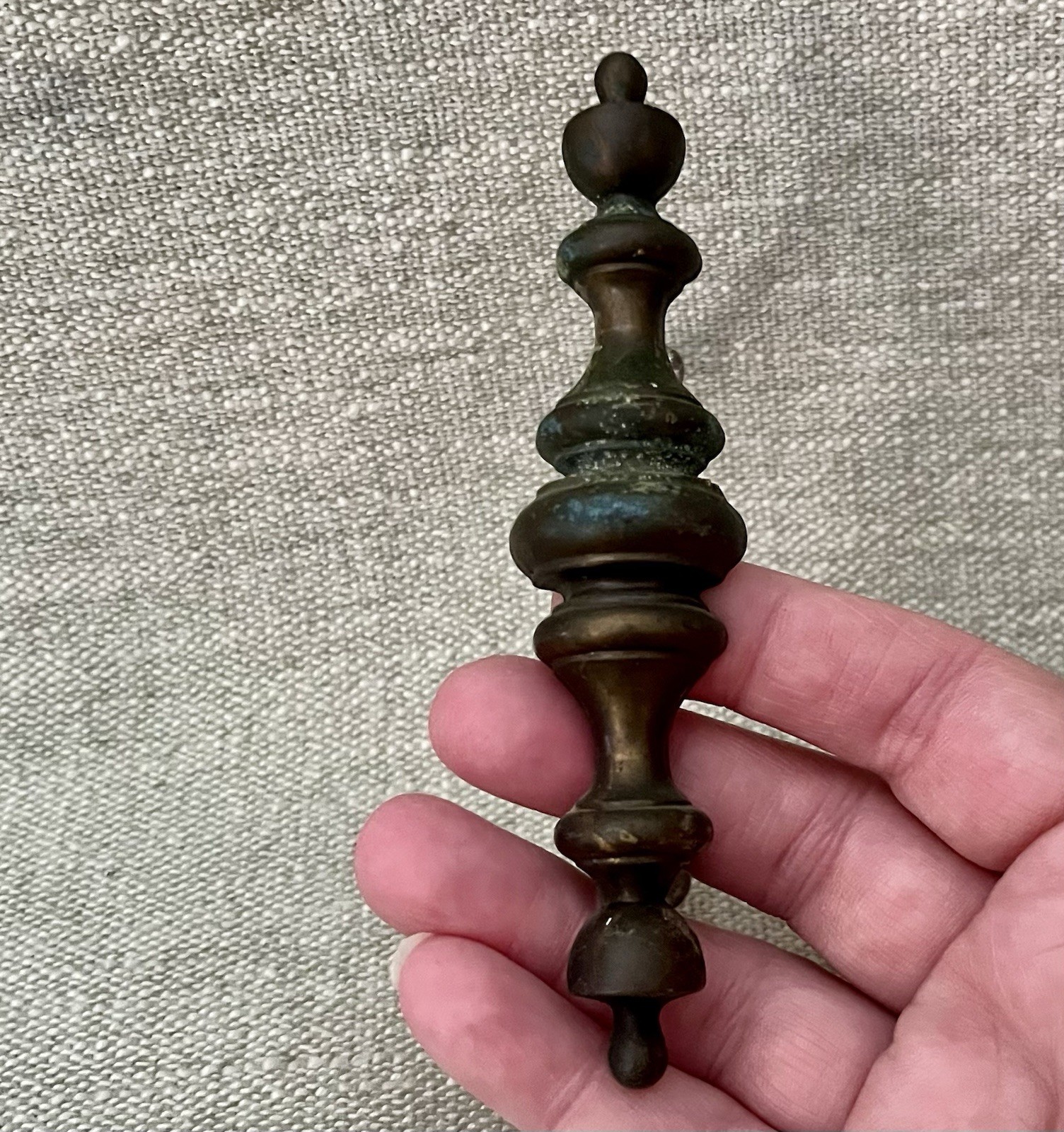 Aged 2 Brass Spindle Elongated Drawer Pulls 3” Center Colonial Traditional 1790