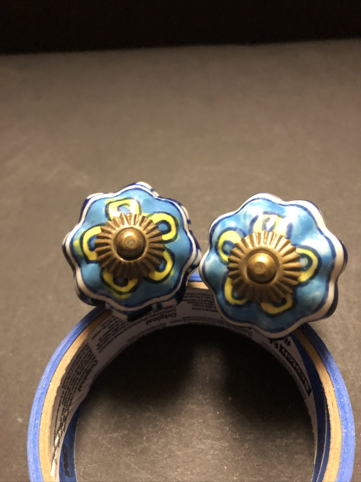 Antique Drawer Pulls Blue Pattern Cabinet Kitchen Door Knob Handle Lot of 2