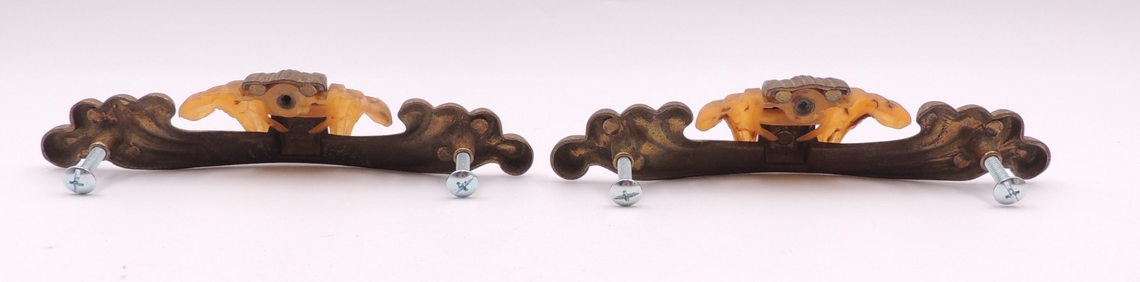 2 Art Deco Drawer Pull w/ Bakelite Vintage Knob Brasstone Waterfall Handle Set