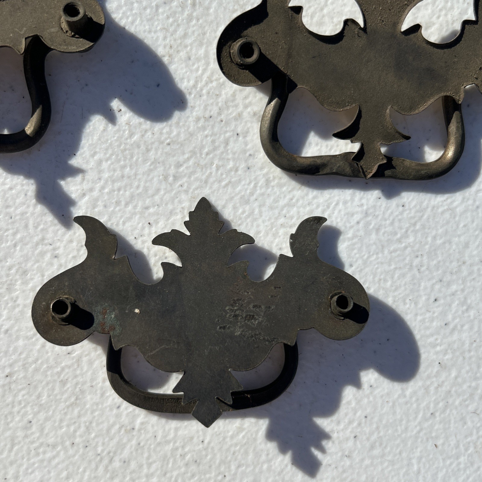 Lot Of 7 Flat Bat Drop Bail Pull Handle Solid Dark Aged Brass 3 3/4” Vintage