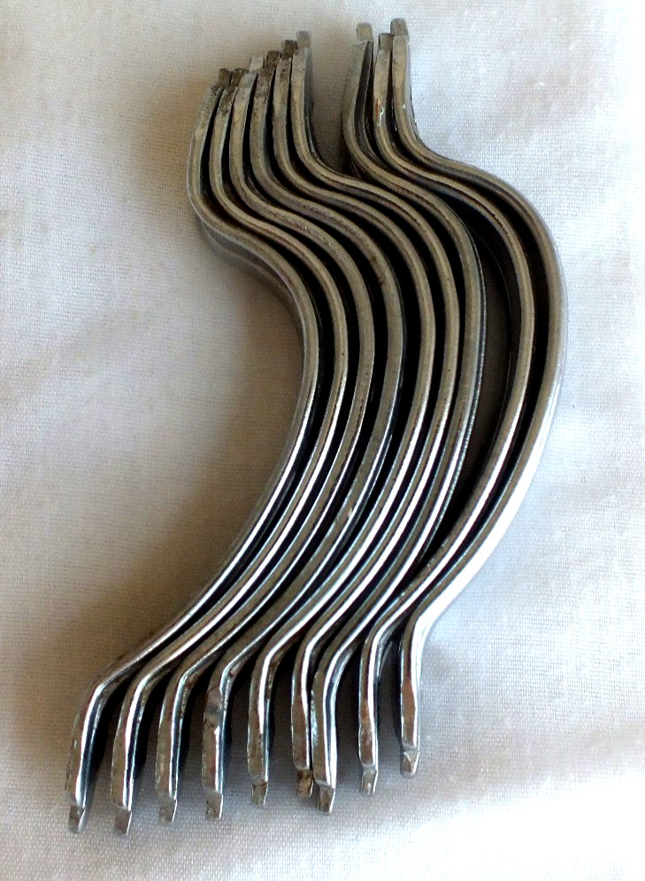 9 vintage metal pressed steel drawer door pulls handles convex 4.25″ ribbed edge