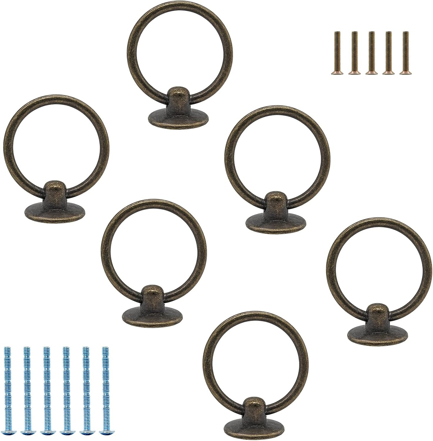 6 Pcs Antique Bronze Ring Pull Handle Knobs, Vintage Dresser Drawer