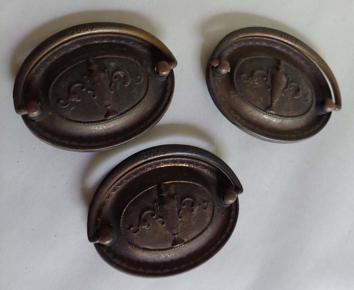 3 VTG/Antique Brass Drop Drawer Pull Oval Backplate Iron Drop Embossed Urn 1920s