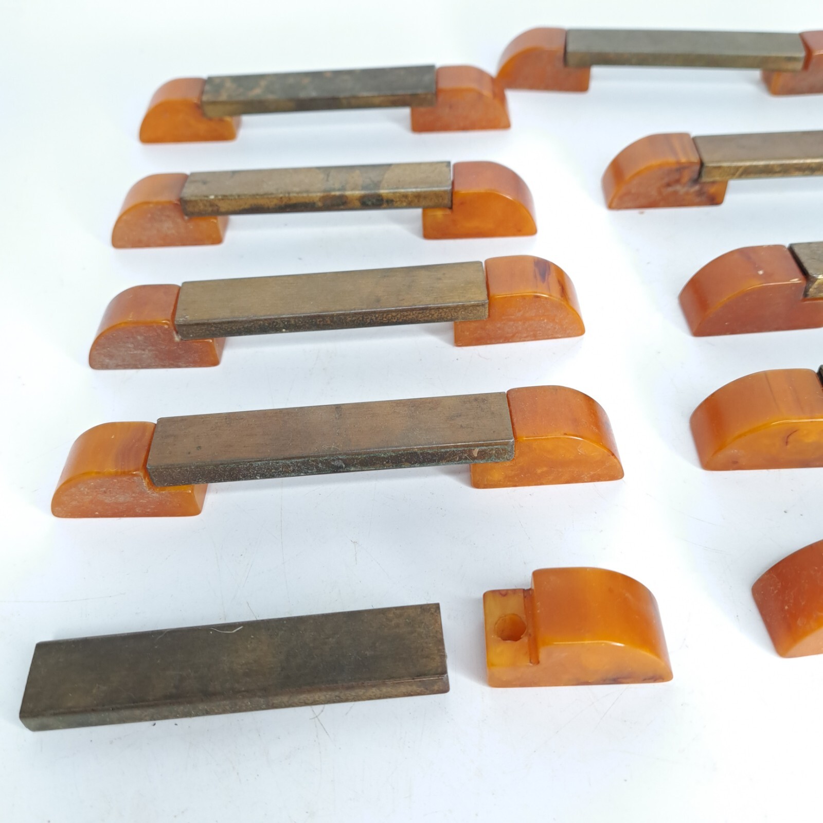9 Antique ART DECO Butterscotch Bakelite Brass Plated Bar Drawer Pulls Reclaimed