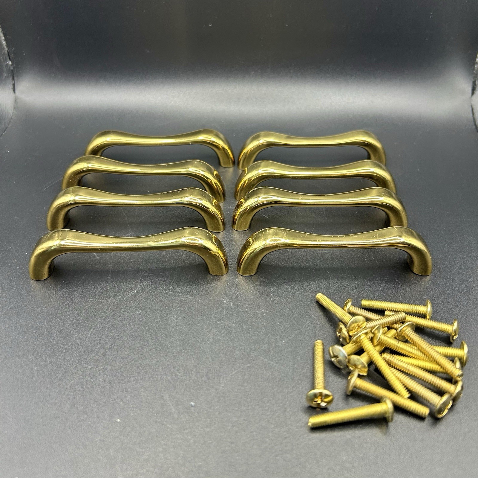 Vtg Solid Polished Brass Drawer Pulls Contoured Bar 3.5” Lot Of 8 With Screws