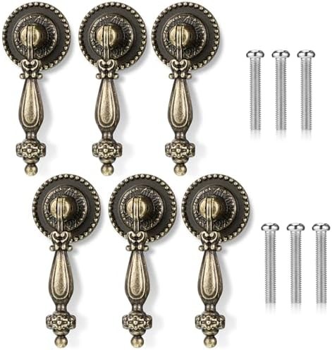 6PCS Antique Style Tear Drop Pulls, Zinc Alloy Cabinet Pull Handle Knobs Vintage