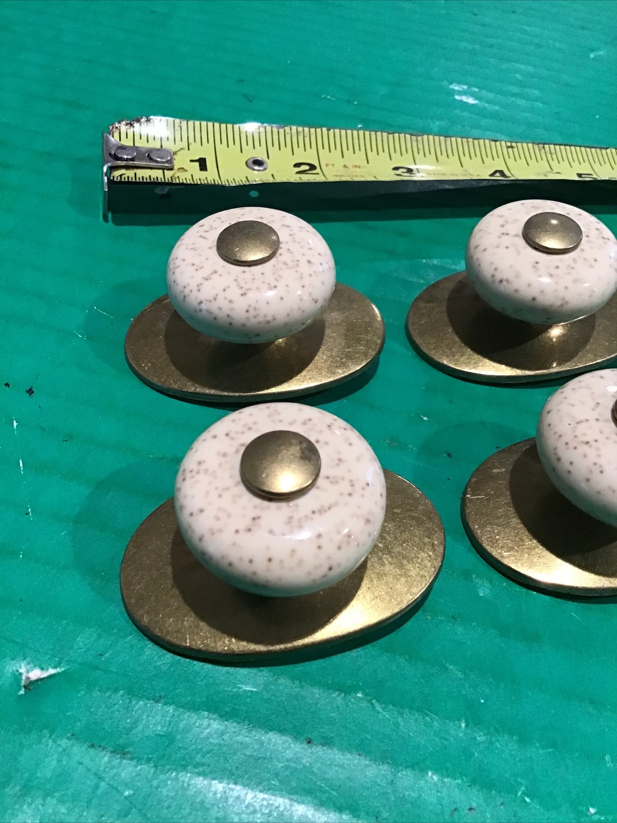 Lot of 4 Keeler Brass N1085 Oatmeal Porcelain Pull Knob Raised Oval Backplate