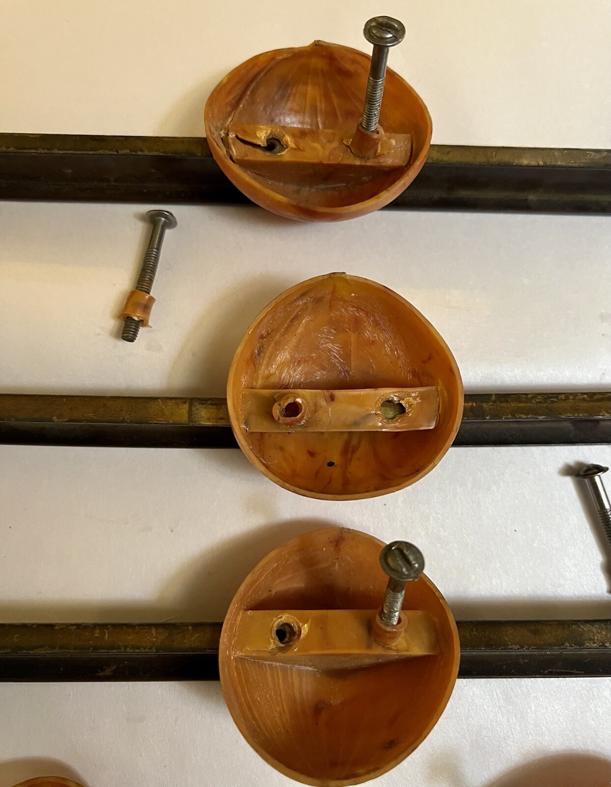 6 Rare Mid Century Modern/Retro Cabinet Drawer Pull Set, Copper And Bakelite?
