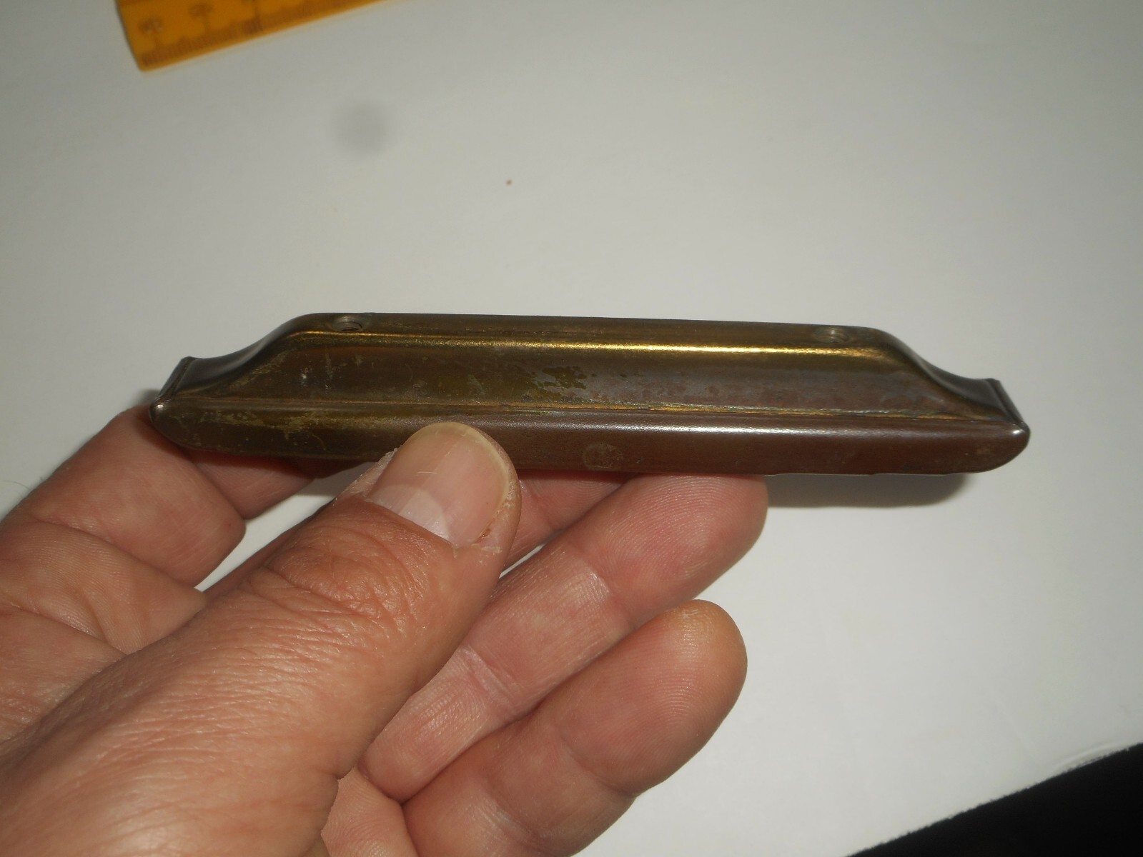 Antique ART DECO Dresser Drawer Pulls Pressed Metal WATERFALL ARCHES Red Paint 4