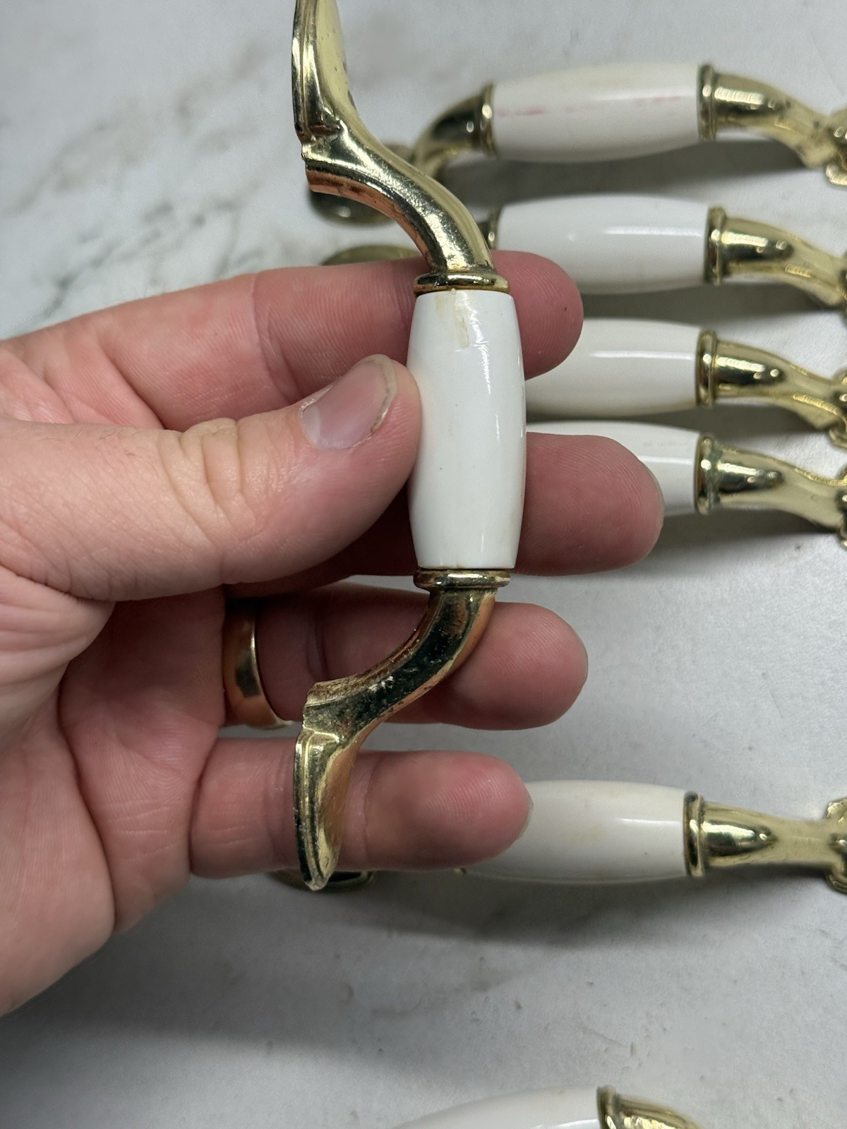Vintage Drawer Pulls Cabinet Handles Set of 7 Beige Ceramic Center 3”
