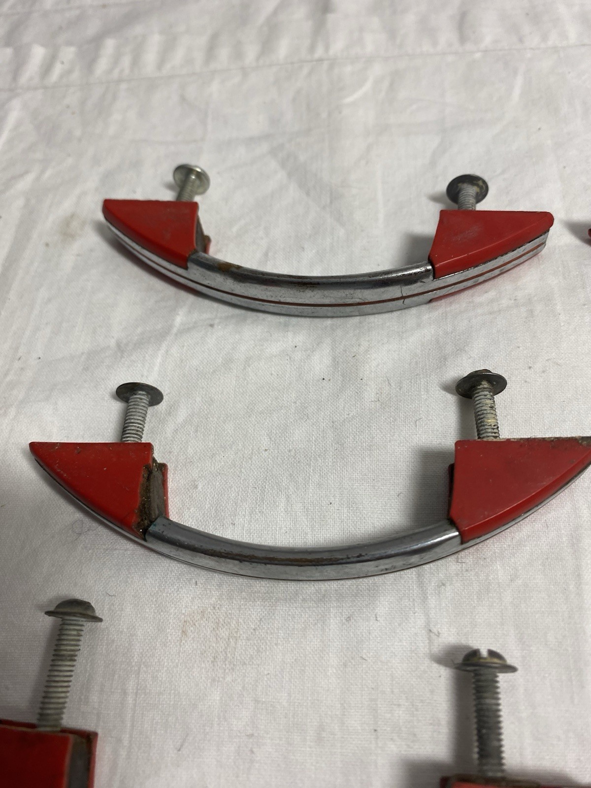 12 Vintage ART DECO MCM Diner Style Cabinet Handles Pulls Chrome Red Nice