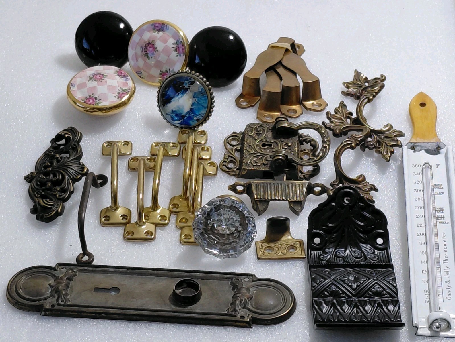 Old Country Shed Junk Drawer Lot Of Vtg Draw Pulls,Hinges,Enamelled Thermometer