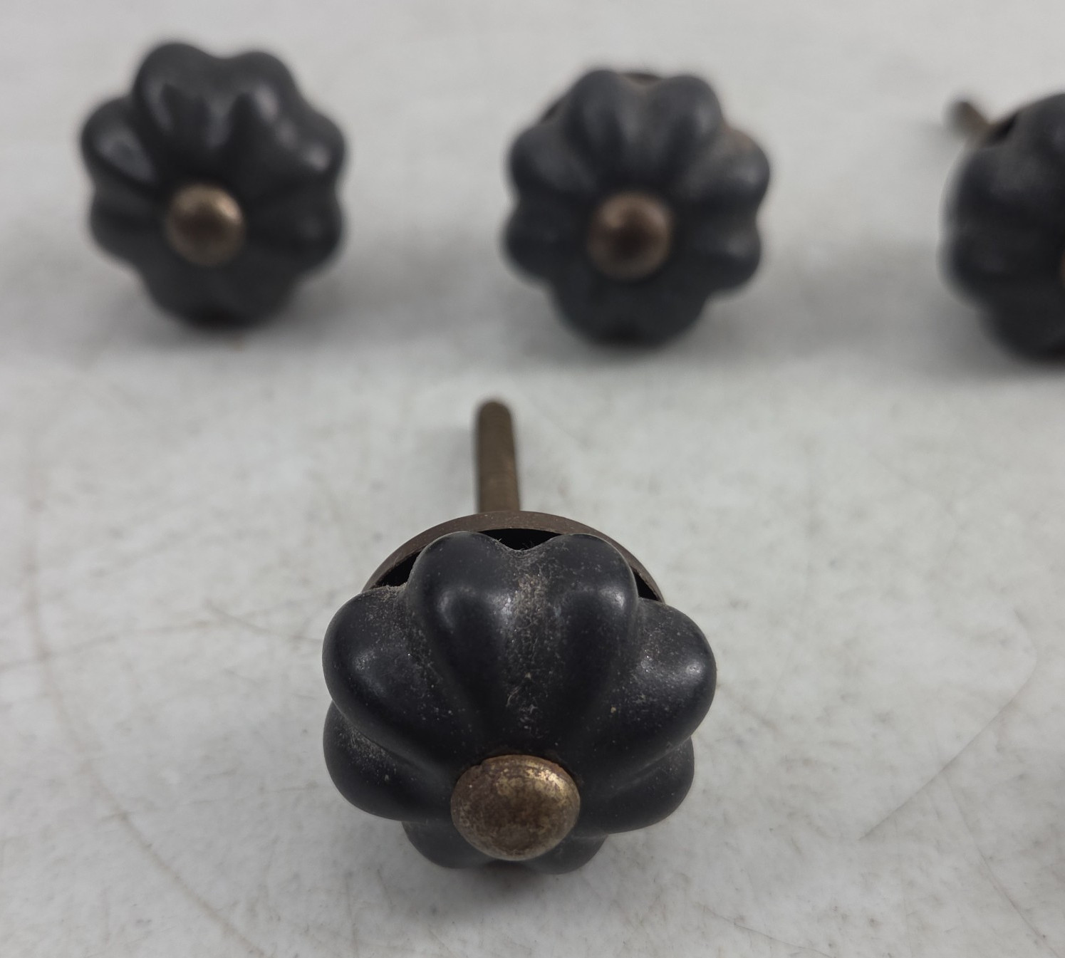 Vintage Lot of 6 Black Porcelain Floral Cabinet Knobs Drawer Pulls Handles