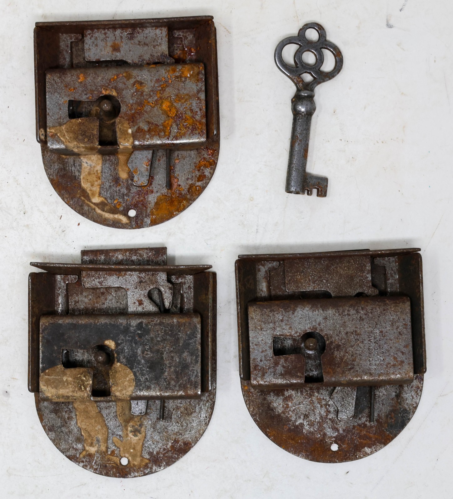 14-Pce Set Antique GRB Brass Bar Drawer Pulls Handles, Key, Locks, & Escutcheons