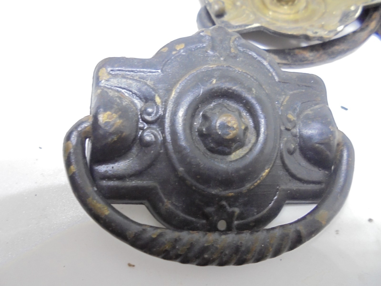 Drawer Pulls Shield Style Stamed Brass Original Patina/Paint